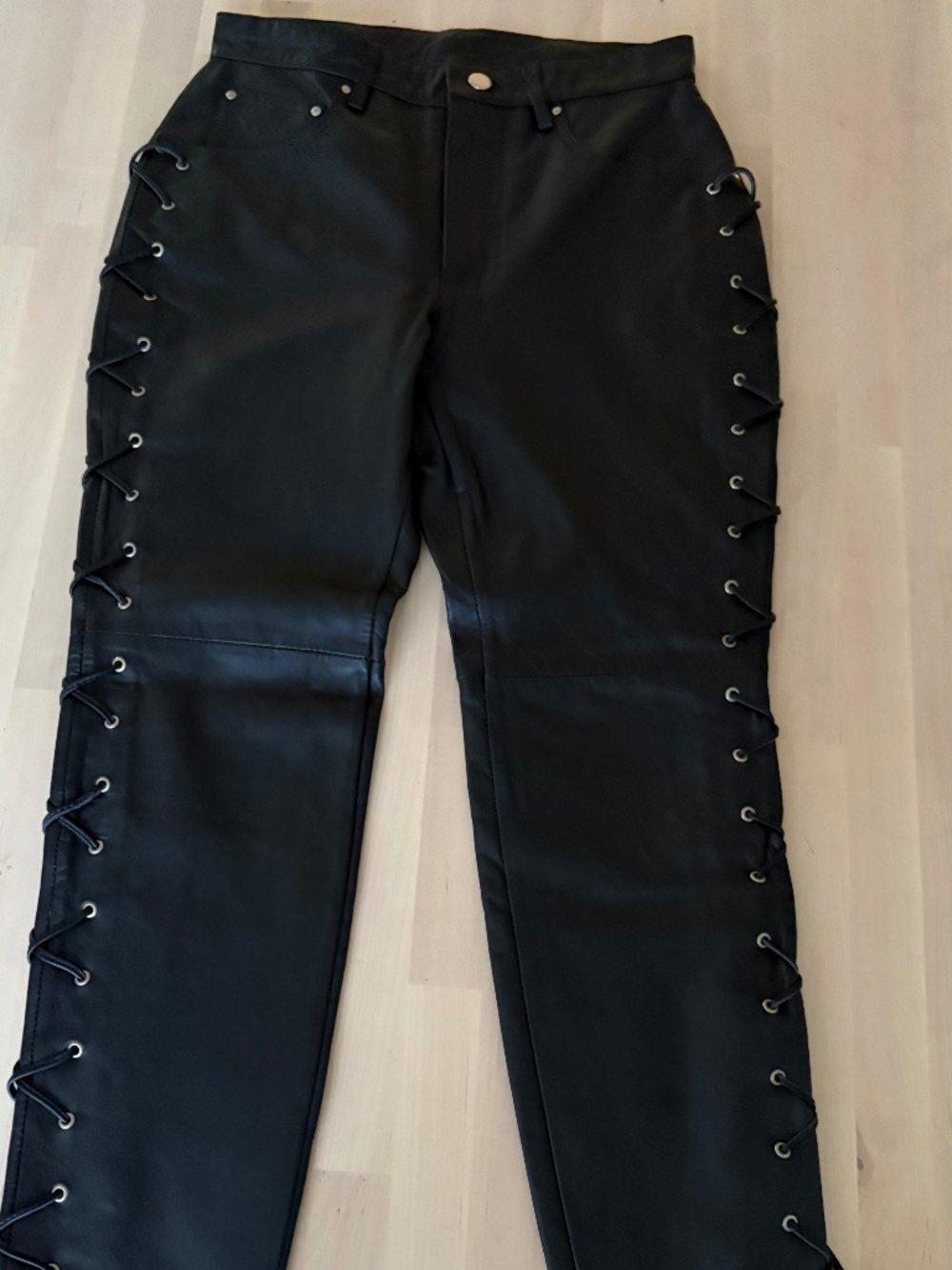 NWOT Soft Genuine Leather Side Lace-UpPants-Black Straight leg Moto Biker Grunge